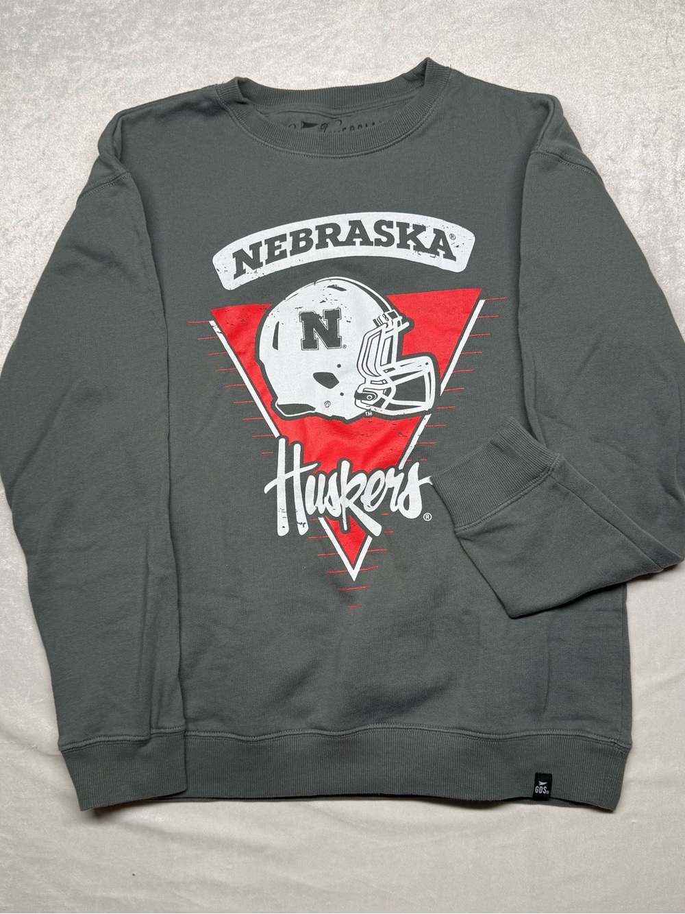 Nebraska Huskers Football College Gray Crewneck with Red Graphic